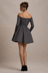 Black Polka Dot Bardot Long-Sleeve Mini Dress